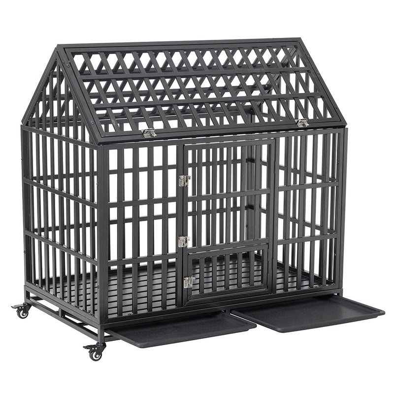 Heavy-Duty Carbon Steel Dog Kennel Cage Crate W/ Sloped Roof And Wheels, 48" (SAK73812)