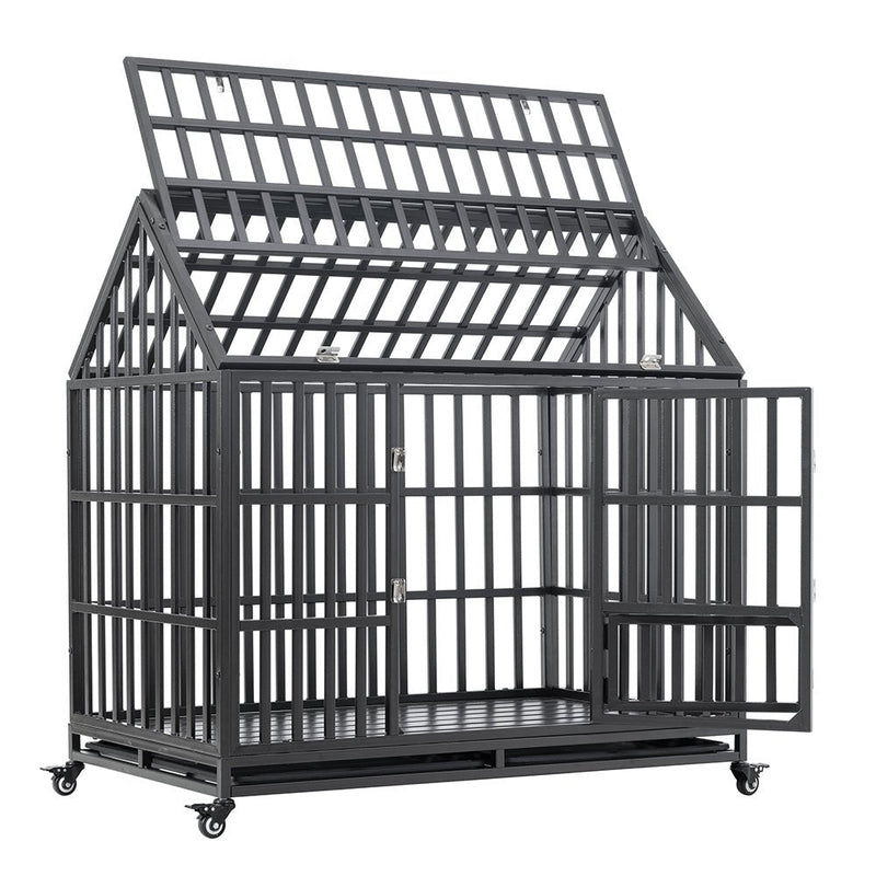Heavy-Duty Carbon Steel Dog Kennel Cage Crate W/ Sloped Roof And Wheels, 48" (SAK73812)