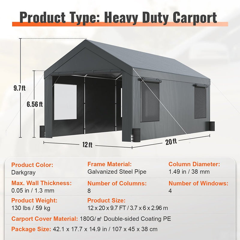 [12X20FT] Alora Heavy-Duty Outdoor Premium Garage Tarp Canopy Shelter W/ Removable Sidewalls (SAK94615)