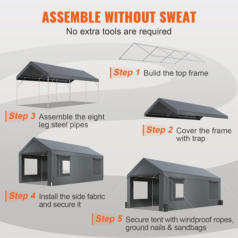 [12X20FT] Alora Heavy-Duty Outdoor Premium Garage Tarp Canopy Shelter W/ Removable Sidewalls (SAK94615)