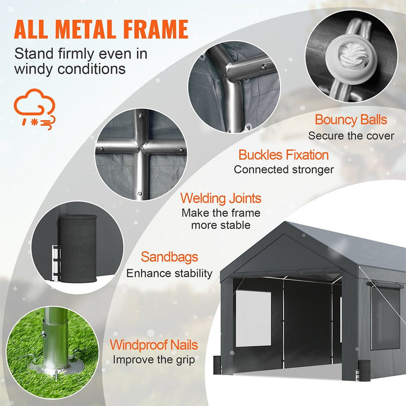 [12X20FT] Alora Heavy-Duty Outdoor Premium Garage Tarp Canopy Shelter W/ Removable Sidewalls (SAK94615)