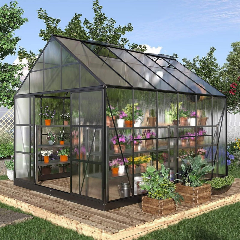 [10X12FT] Heavy-Duty Outdoor Walk-In Polycarbonate Patio Greenhouse With Sliding Doors & Vents (SAK92846)