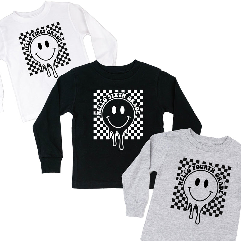 Hello (Choose Your Grade) - Checker Smiley - Child Long Sleeve Tee