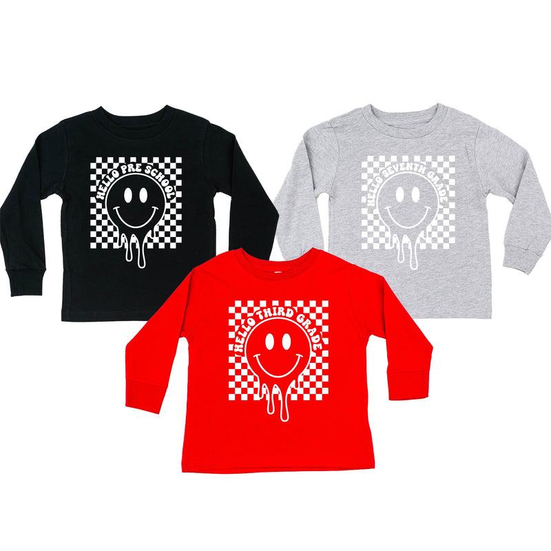 Hello (Choose Your Grade) - Checker Smiley - Child Long Sleeve Tee