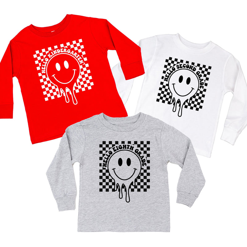Hello (Choose Your Grade) - Checker Smiley - Child Long Sleeve Tee