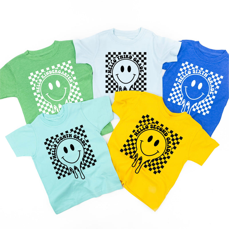 Hello (Choose Your Grade) - Checker Smiley - Child Tee