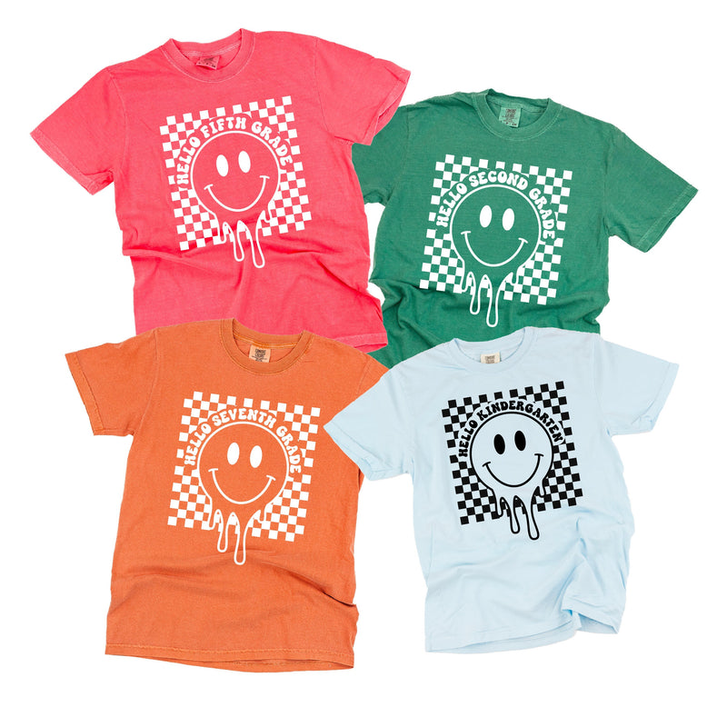 Hello (Choose Your Grade) - Checker Smiley - Comfort Colors Tee