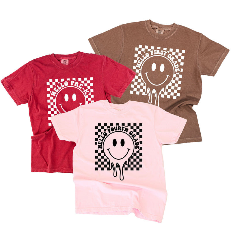Hello (Choose Your Grade) - Checker Smiley - Comfort Colors Tee