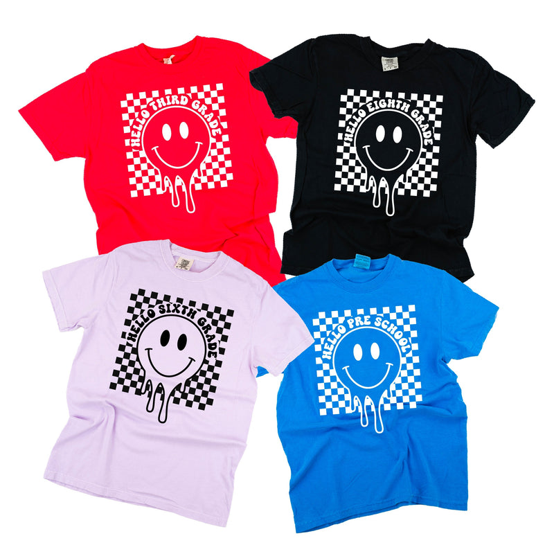 Hello (Choose Your Grade) - Checker Smiley - Comfort Colors Tee