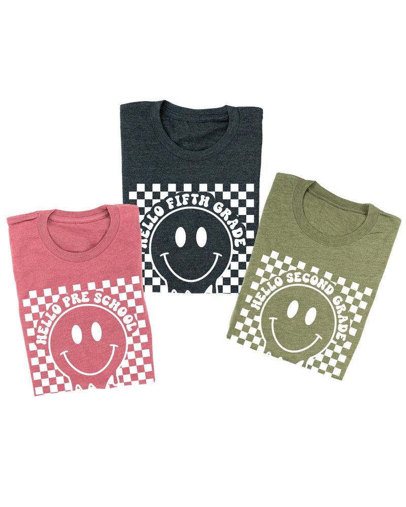 Hello (Choose Your Grade) - Checker Smiley - Unisex Tee