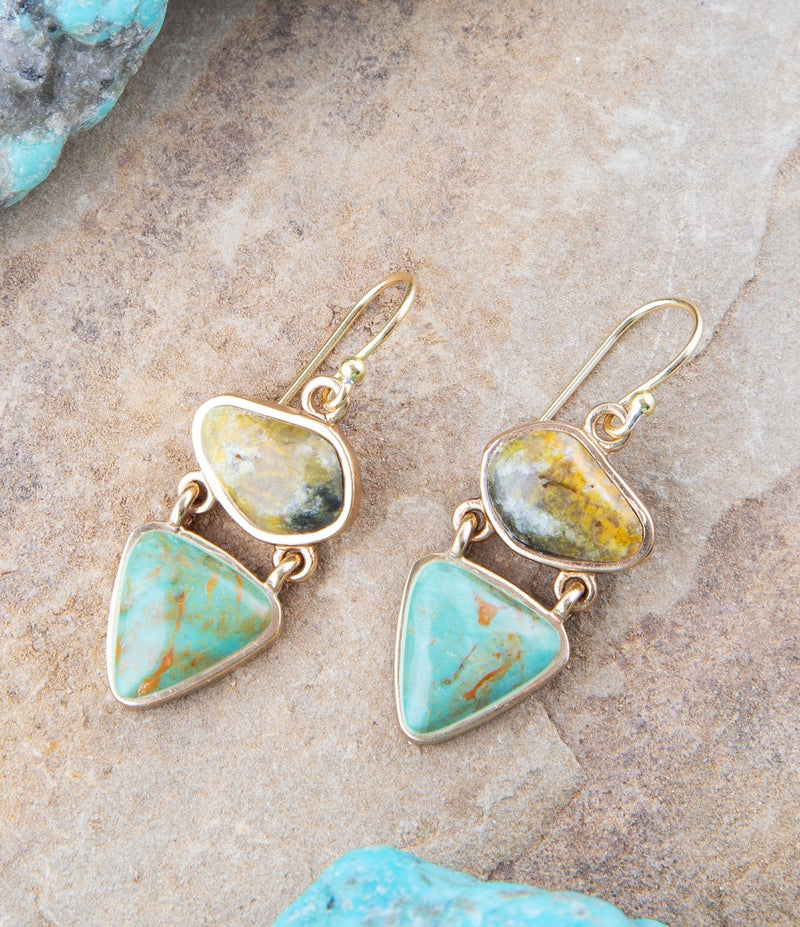 Hinged Yellow Bumblebee Jasper and Green Turquoise Golden Earrings