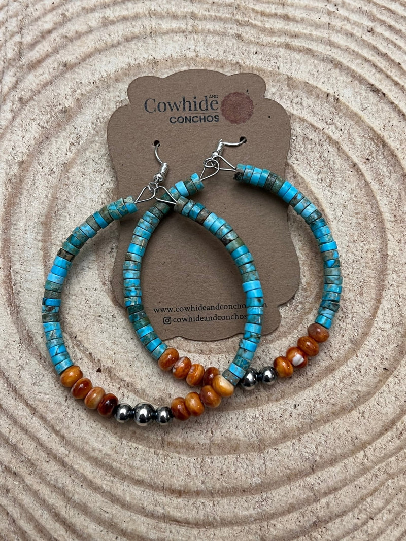 Hoop Earrings With Turquoise, Spiny Oyster & Sterling Silver Pearls - 2 1/4 inch hoops