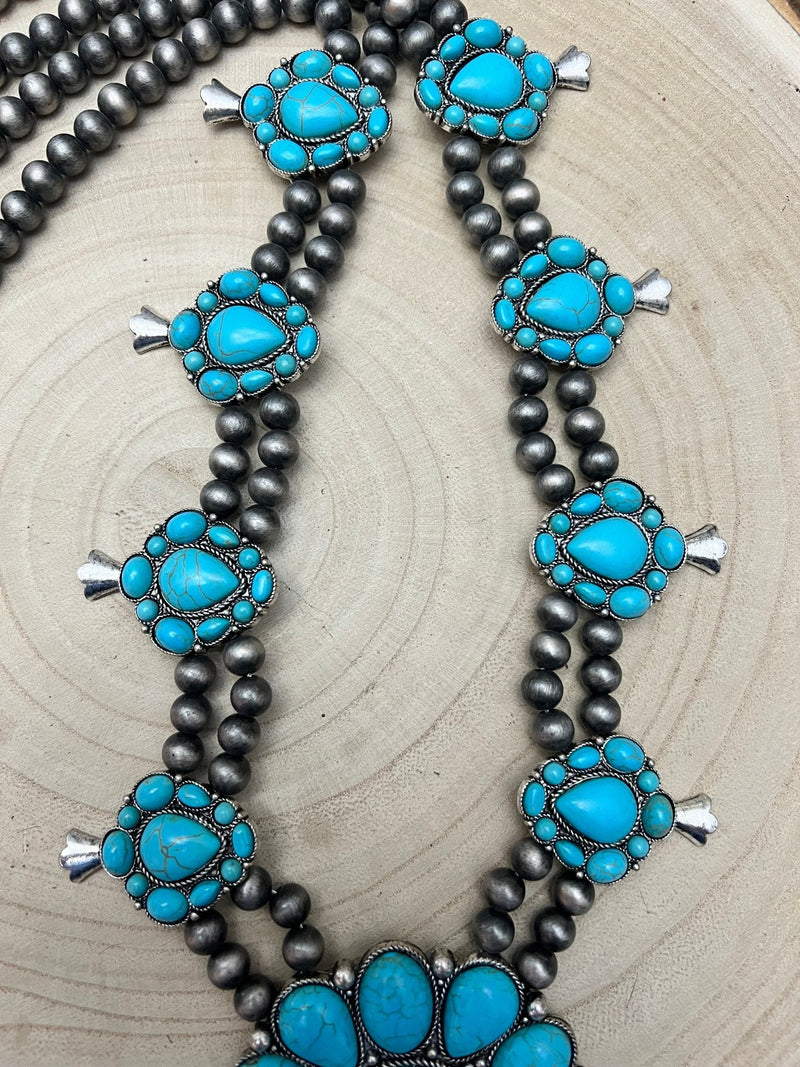 Huge Double Strand Faux Turquoise Squash Blossom Statement Necklace -  32 inch + 3