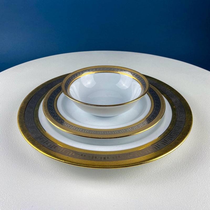Vintage Sheng Xing Porcelain Dinnerware Set: White, Gold & Platinum Greek Motif