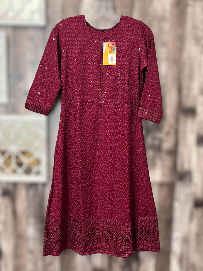 Chikankari kurtis for girls : wine color