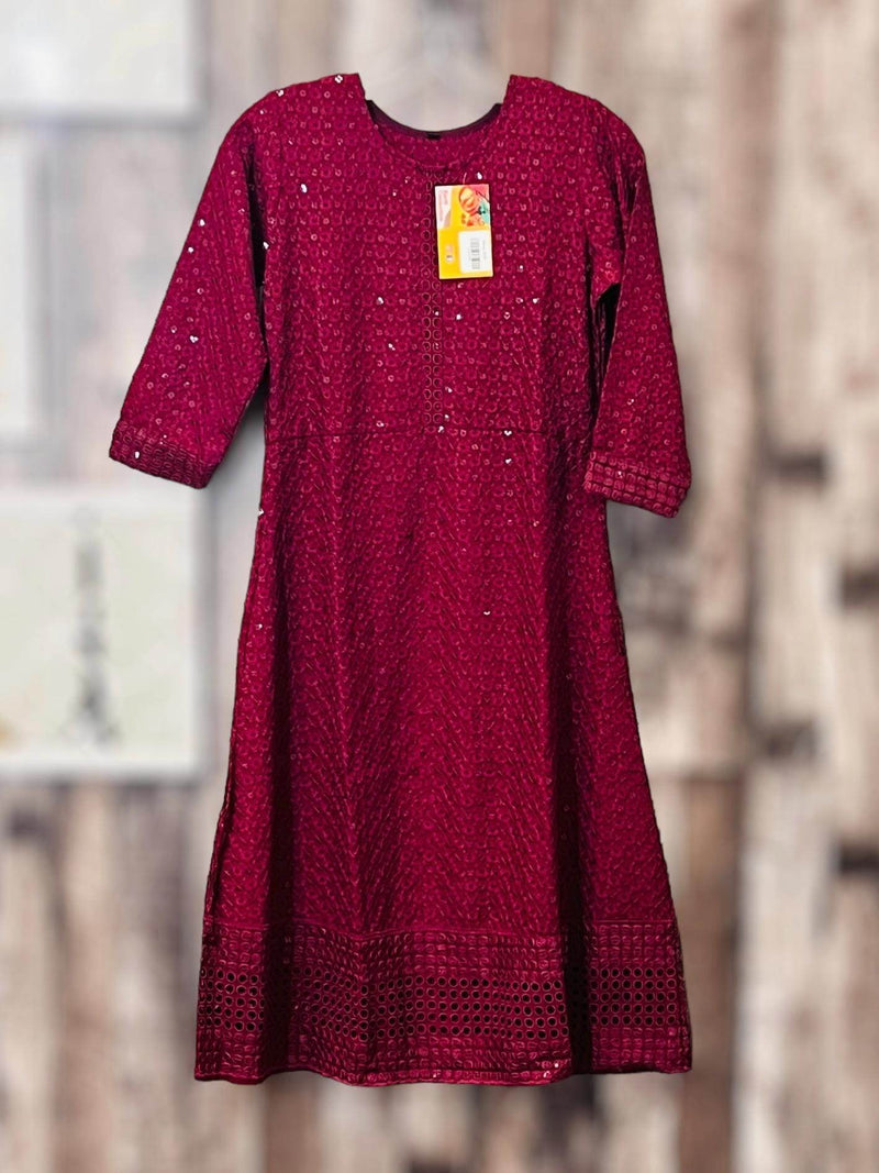 Chikankari kurtis for girls : wine color