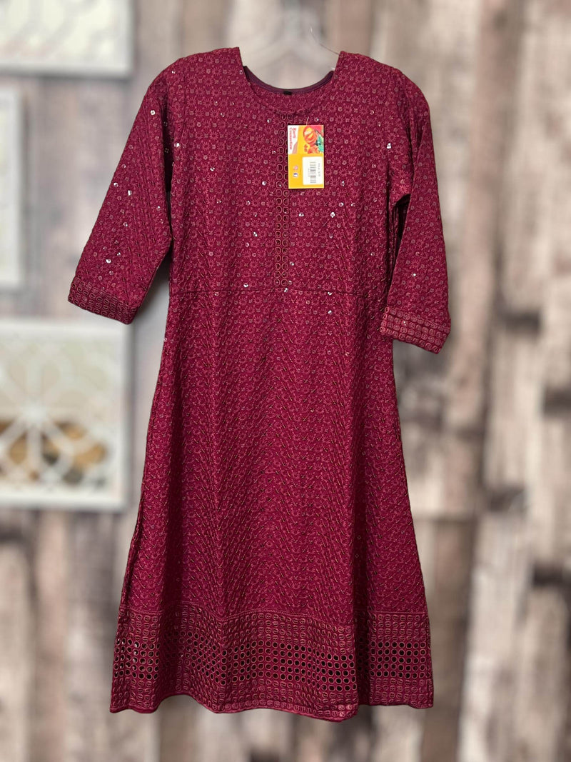 Chikankari kurtis for girls : wine color