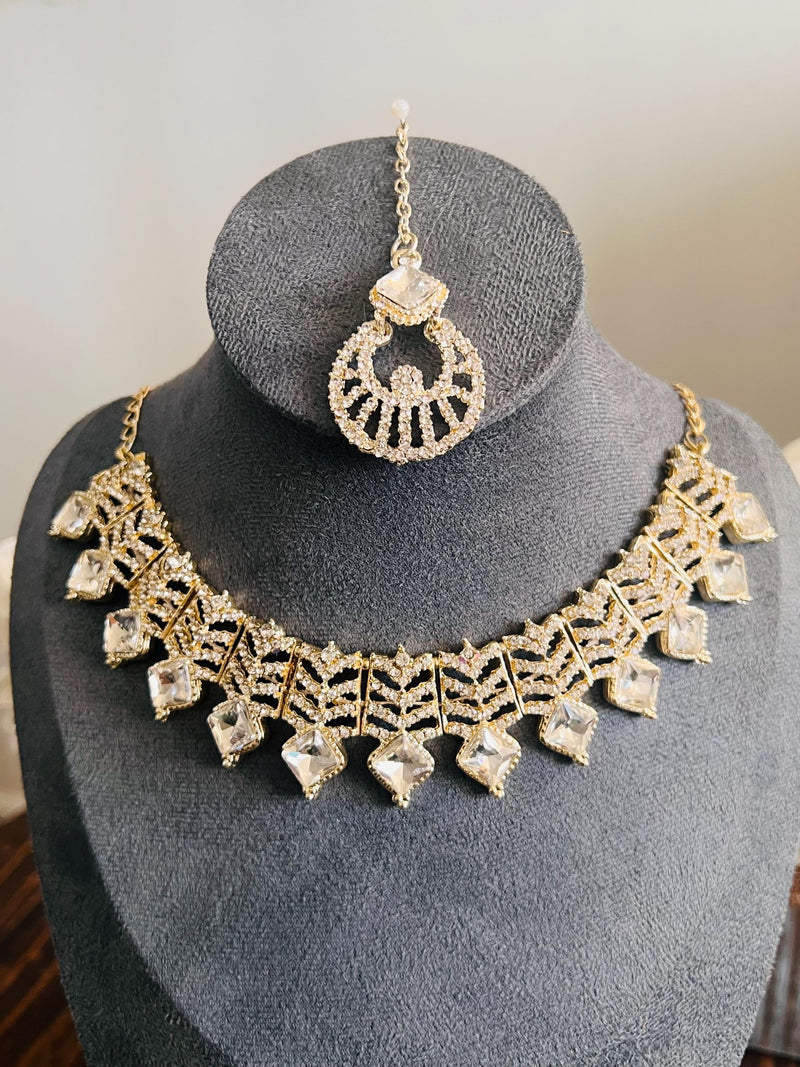 Kundan Necklace Set Gold Plated | Indian Bridal Polki Jewelry | Wedding Necklace Earrings & Maang Tikka | Ethnic Festive Jewelry