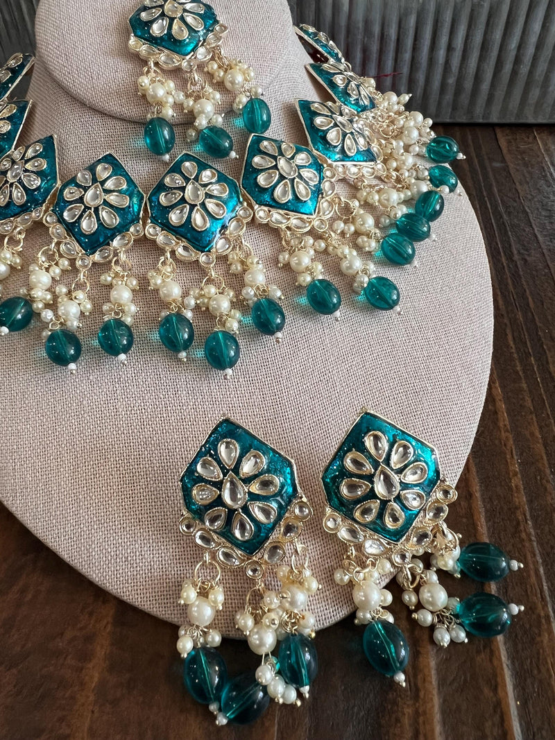 Kundan Necklace Set Gold Plated | Indian Bridal Polki Jewelry | Wedding Necklace Earrings & Maang Tikka | Ethnic Festive Jewelry
