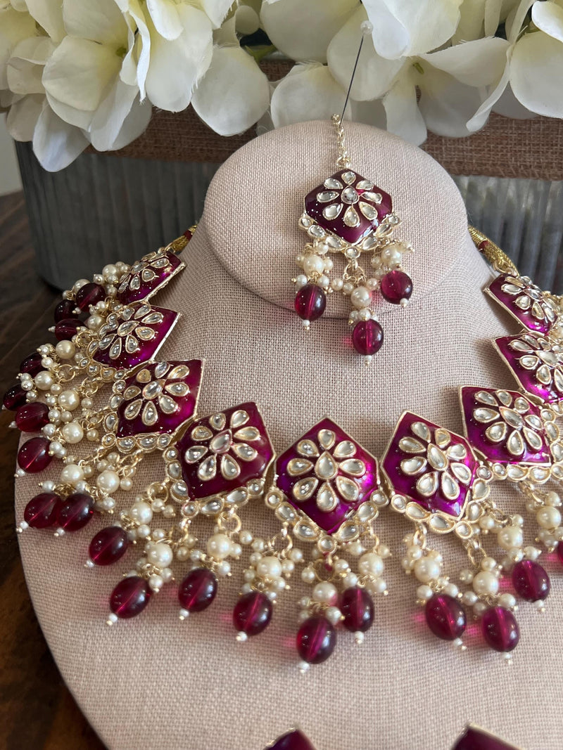Kundan Necklace Set Gold Plated | Indian Bridal Polki Jewelry | Wedding Necklace Earrings & Maang Tikka | Ethnic Festive Jewelry