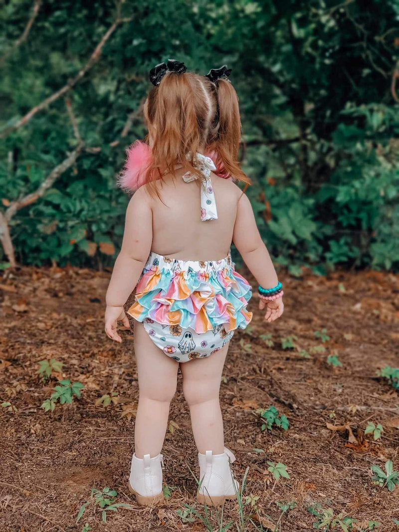 Colorful ghost tie ruffle romper