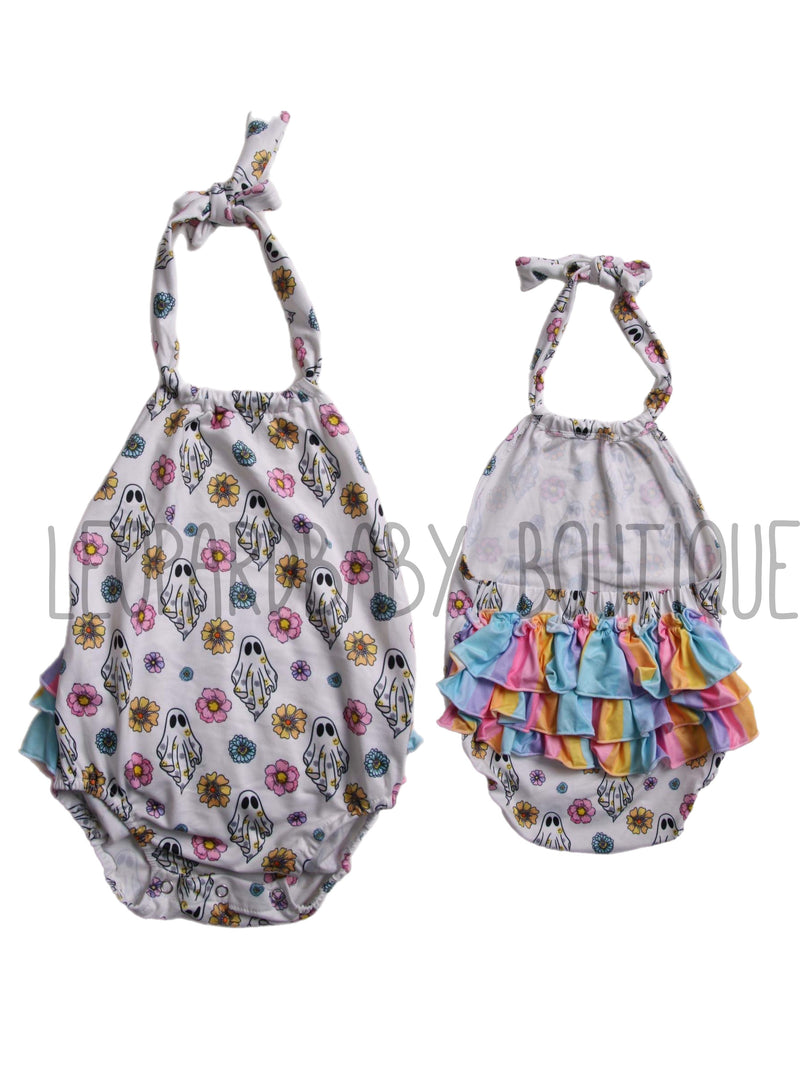 Colorful ghost tie ruffle romper