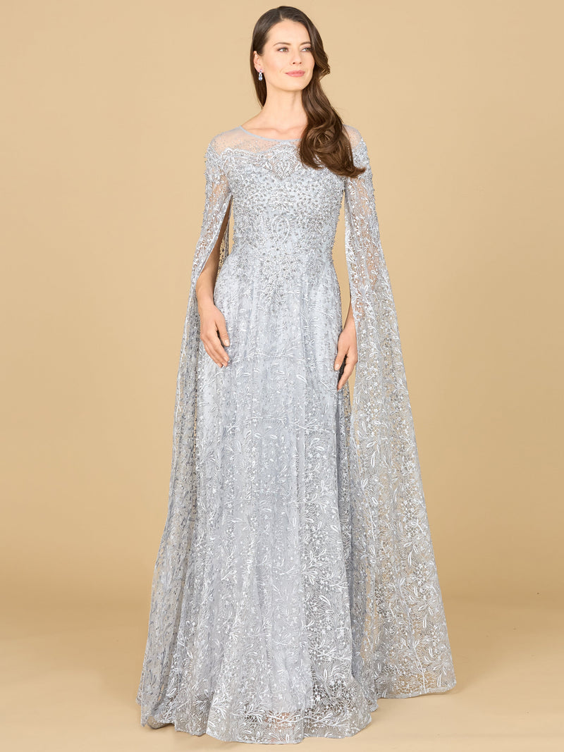 Lace Gown with Dramatic Cape Sleeves