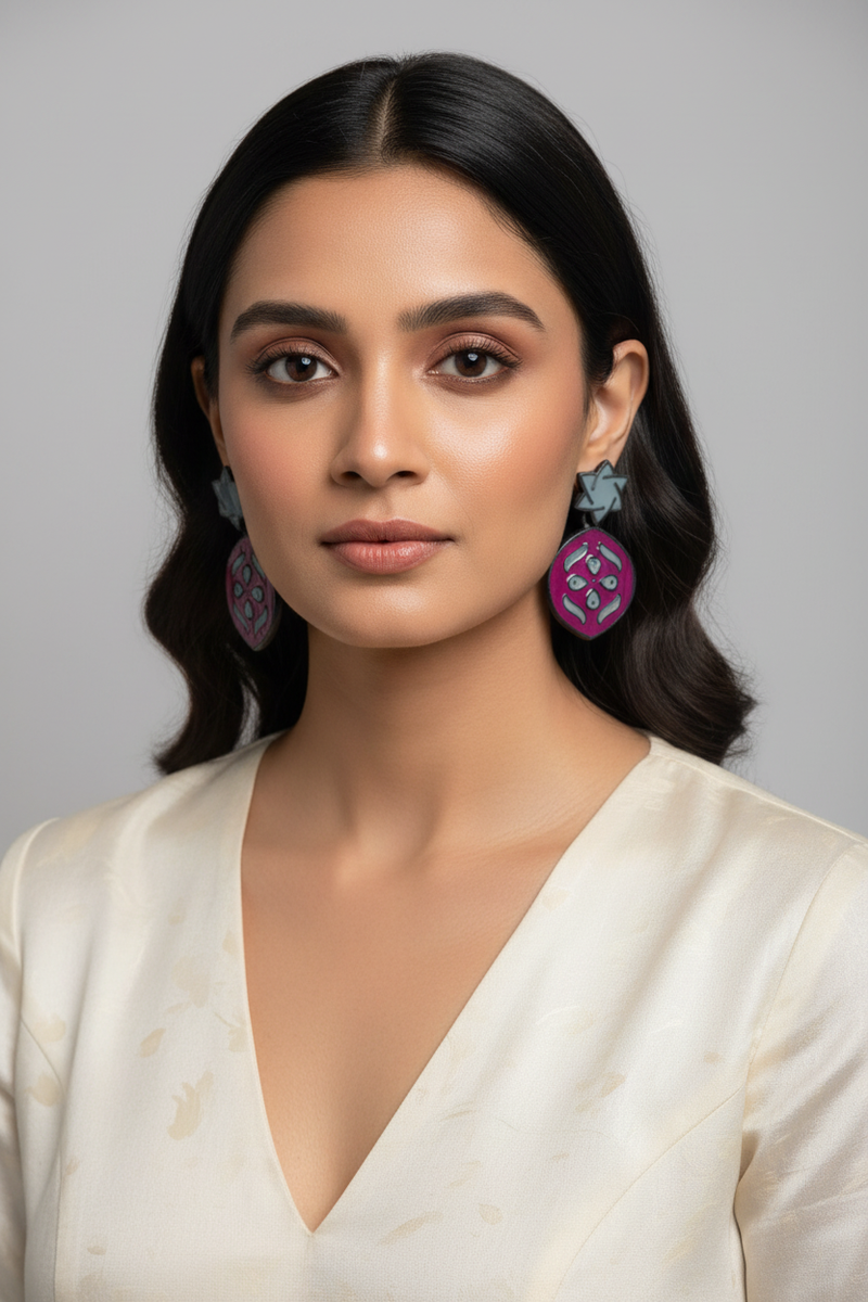 Hand painted earrings: pink and grey