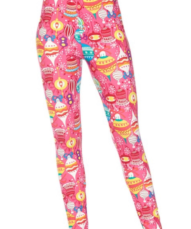 3X4X Pink Christmas Ornaments PRINT Brushed Ankle PLUS SIZE Leggings