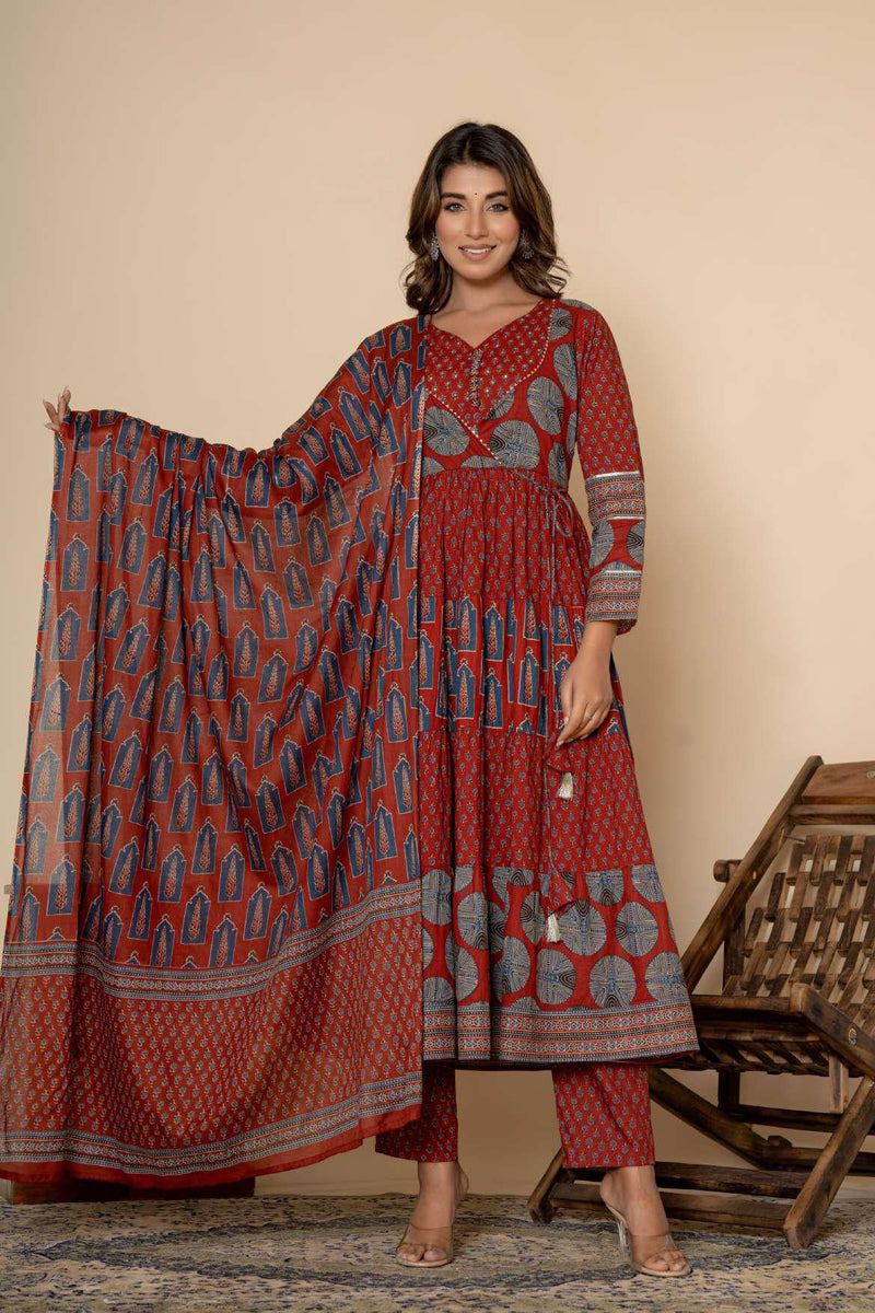 Ethnic Printed Cotton Anarkali Kurta Pant and Dupatta in Blue and Red