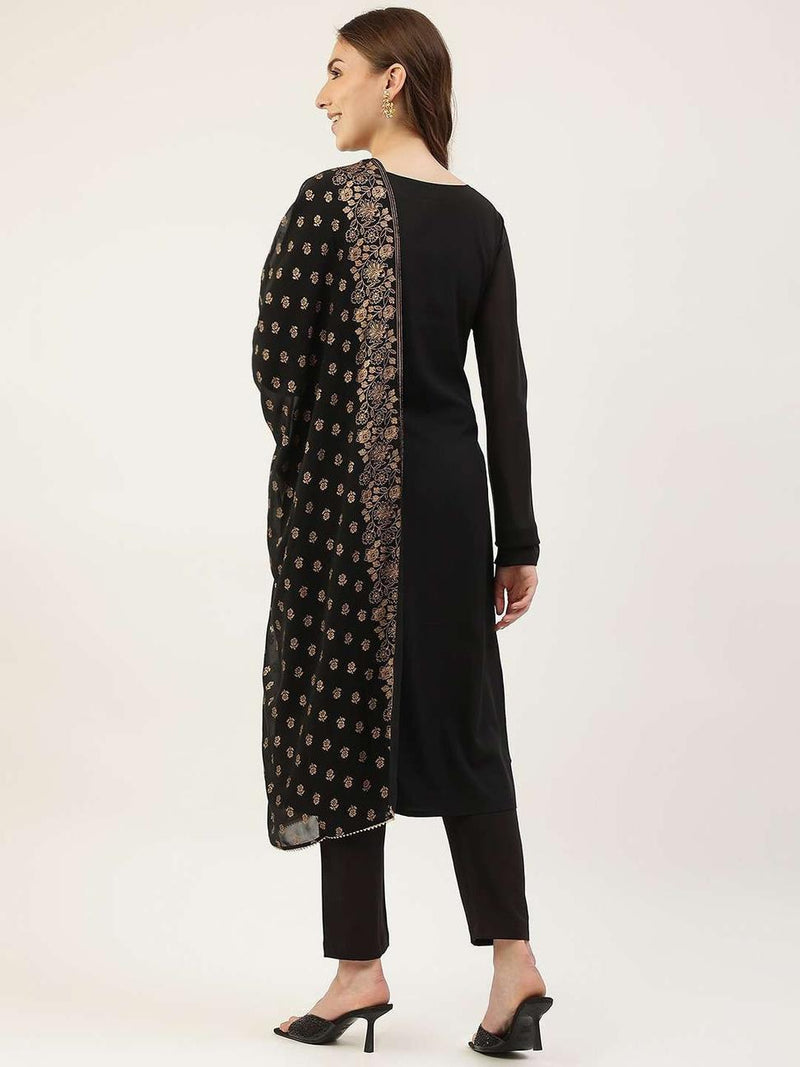 Embellished Straight Black Salwar Suit In Crepe Silk