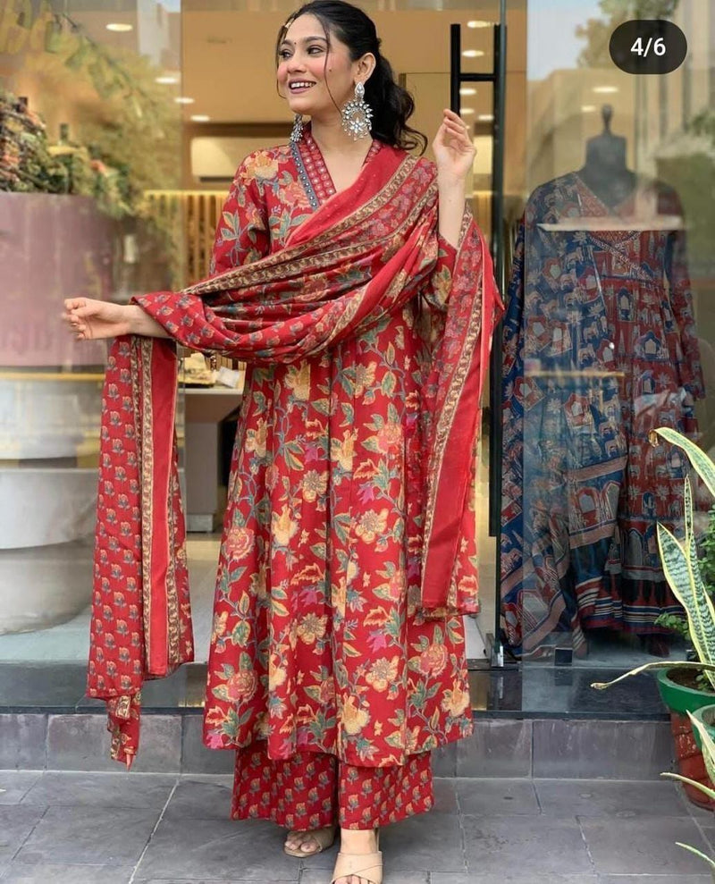 Vibrant Red Cotton Kurta Palazza and Dupatta Set