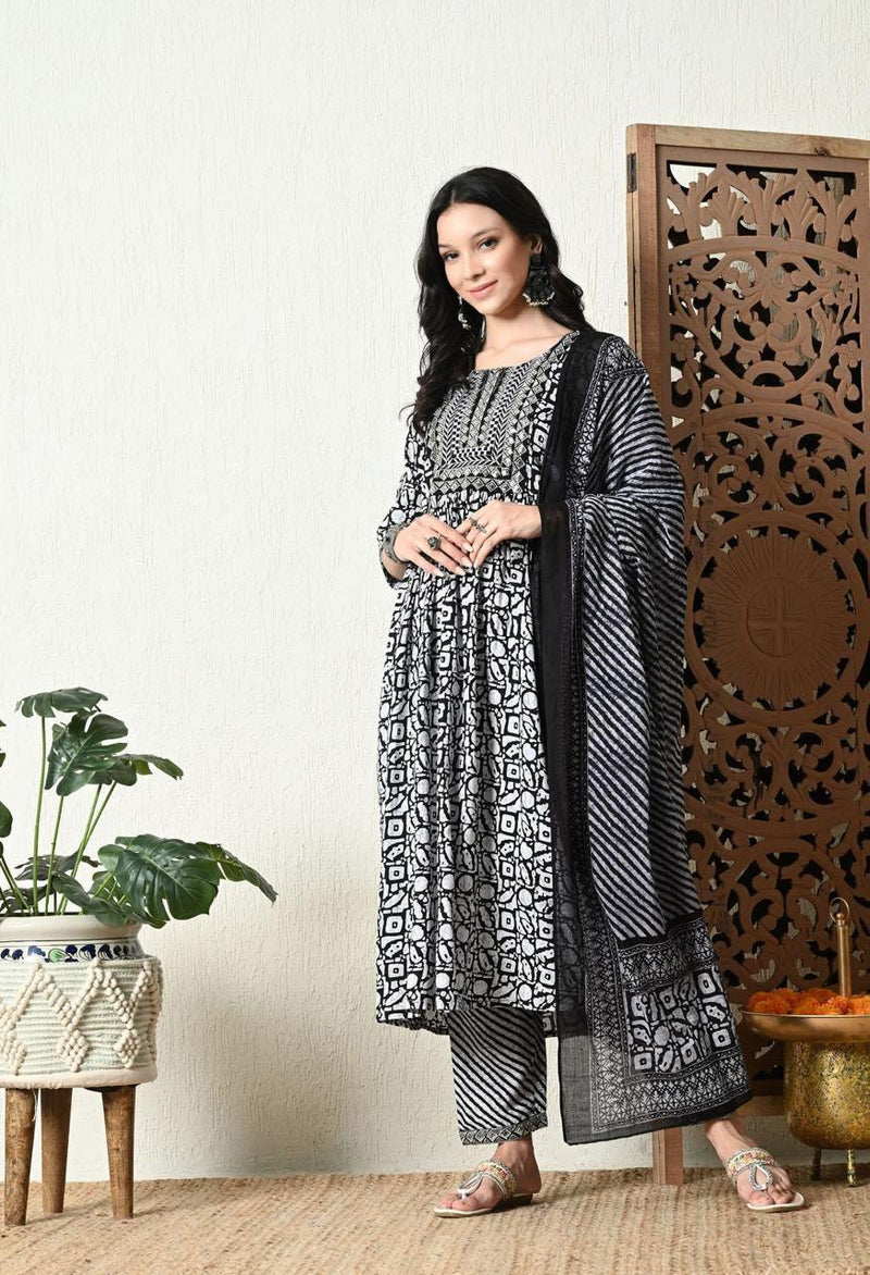 Black and White Printed Nyra Cut Kurta Pant with Dupatta Set