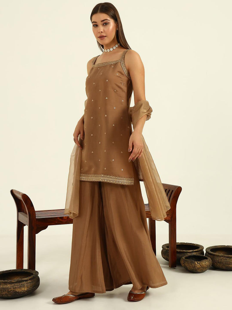Brown Viscose Chanderi Straight Kurta with Palazzo and Dupatta