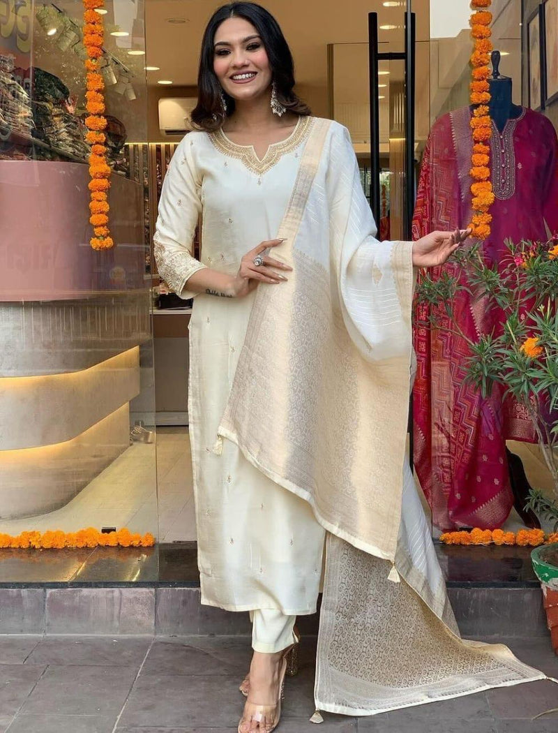 Chanderi Silk Kurta Set in Beige