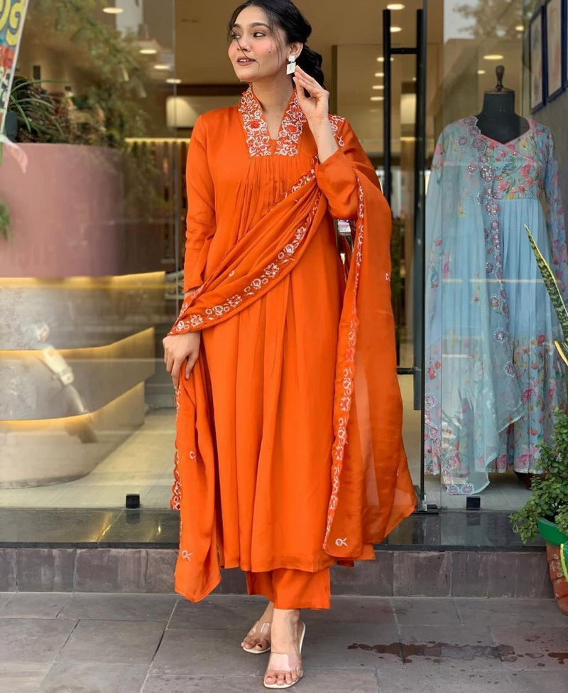 Orange V-Neck Embroidered A-line Anarkali Kurta Pant Dupatta Set