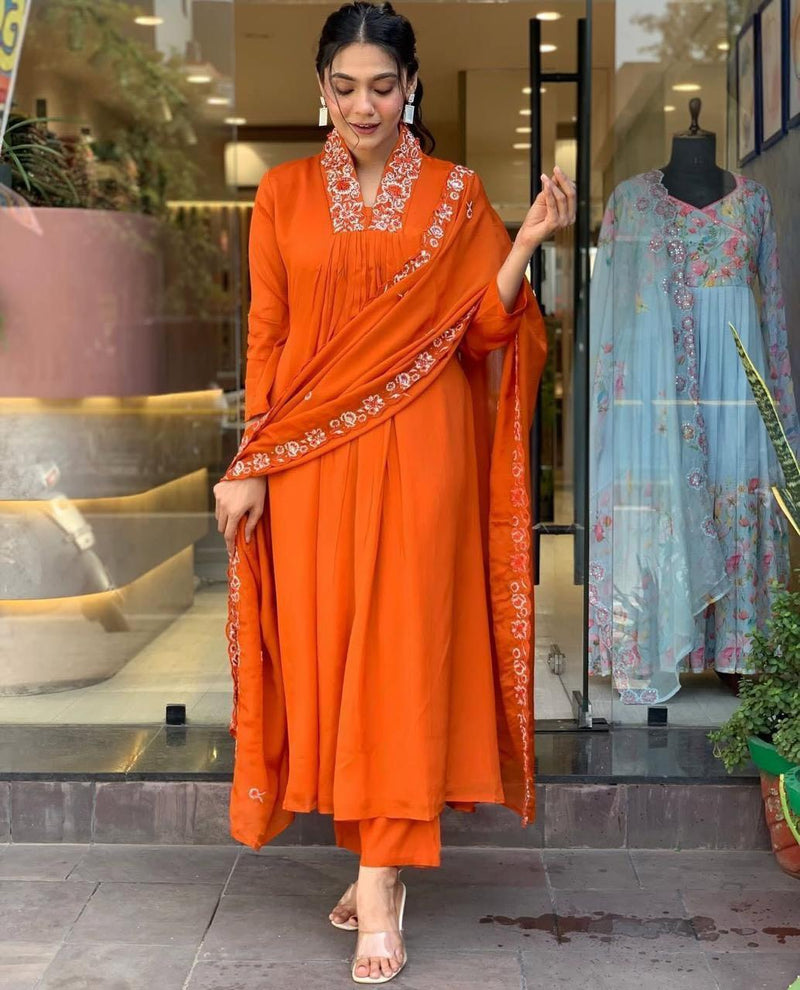 Orange V-Neck Embroidered A-line Anarkali Kurta Pant Dupatta Set