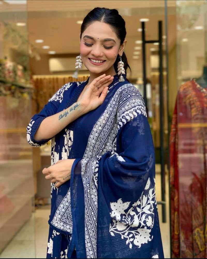 Blue Anarkali Printed Kurta with Palazzo and Dupatta Set