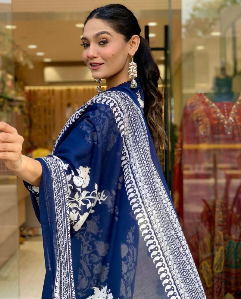 Blue Anarkali Printed Kurta with Palazzo and Dupatta Set