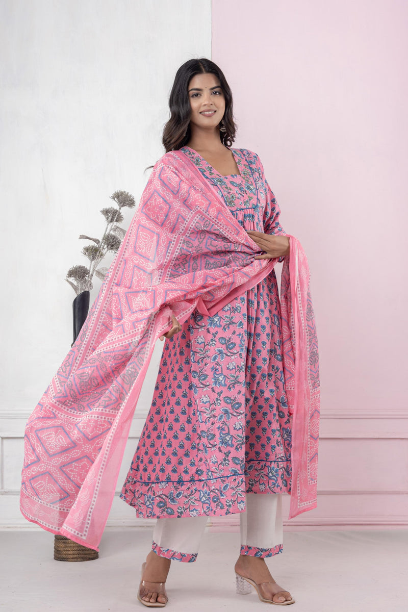 Jaipur Cotton Printed Kurta Pant and Dupatta Set in Pink