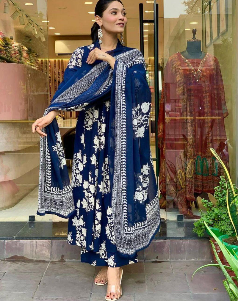 Blue Anarkali Printed Kurta with Palazzo and Dupatta Set