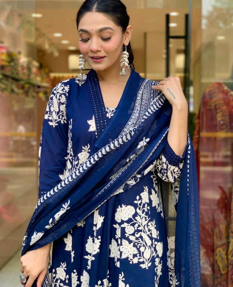 Blue Anarkali Printed Kurta with Palazzo and Dupatta Set