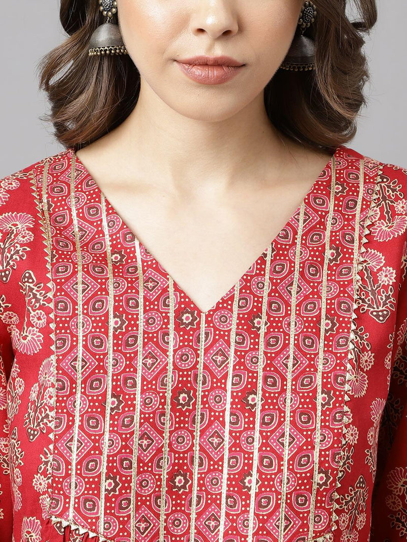 Printed Cotton A-line Kurta Set in Red