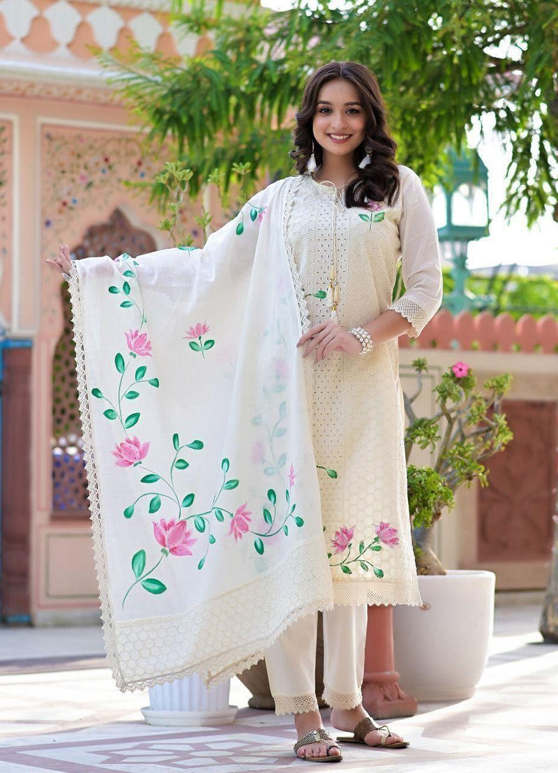 White Salwar Suit Set with Hand Printed Kurti Pant and Dupatta