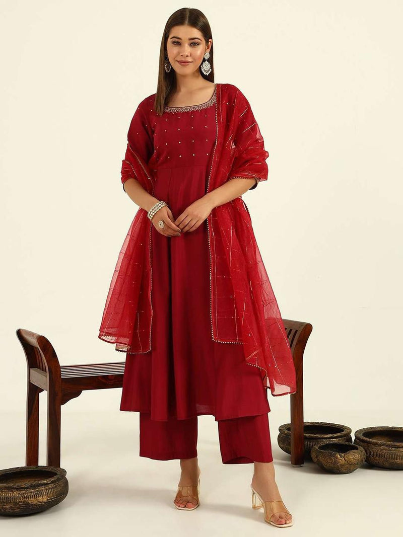 Maroon Red Viscose Chanderi Anarkali Salwar Suit