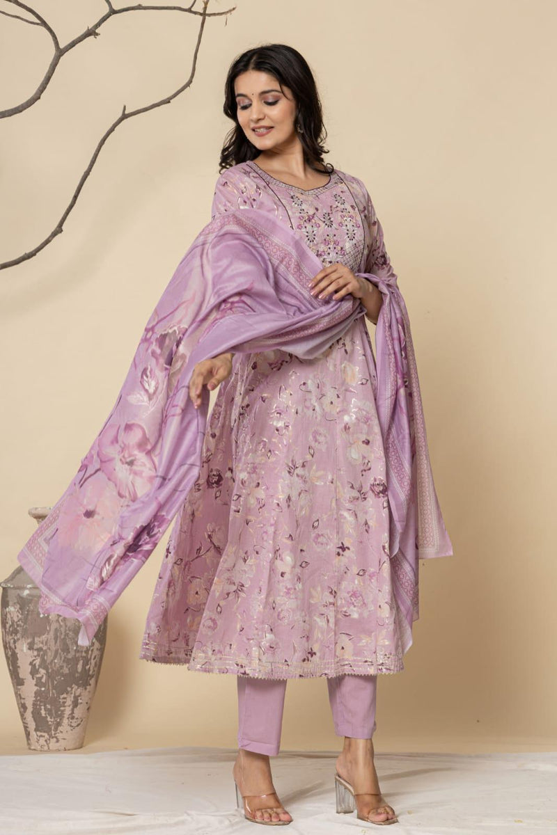 Purple Printed Cotton Kurta Pant and Dupatta Set