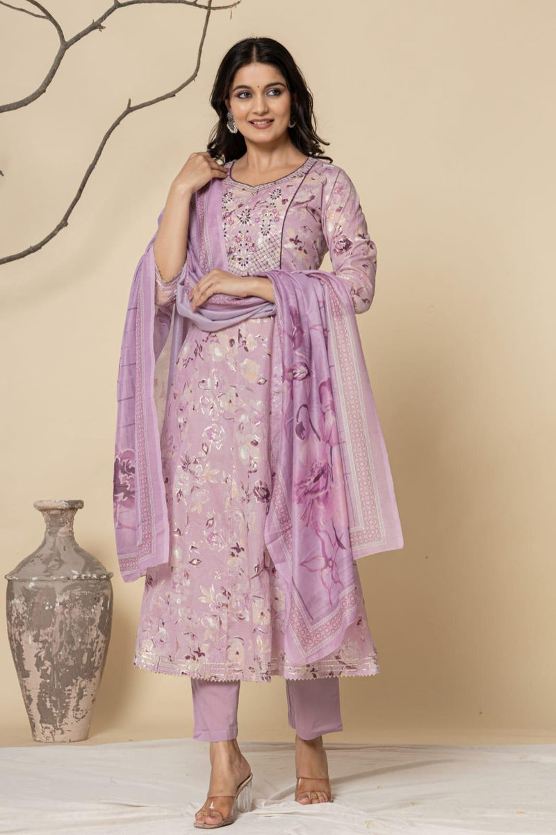 Purple Printed Cotton Kurta Pant and Dupatta Set