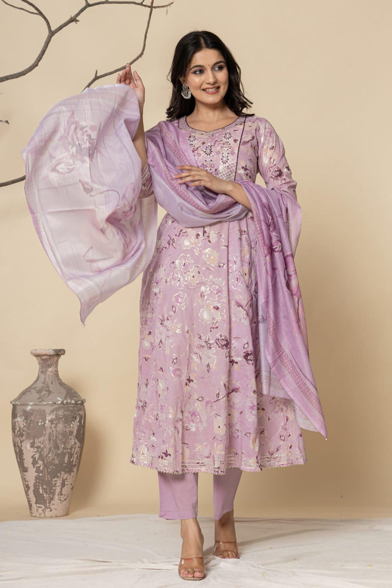 Purple Printed Cotton Kurta Pant and Dupatta Set