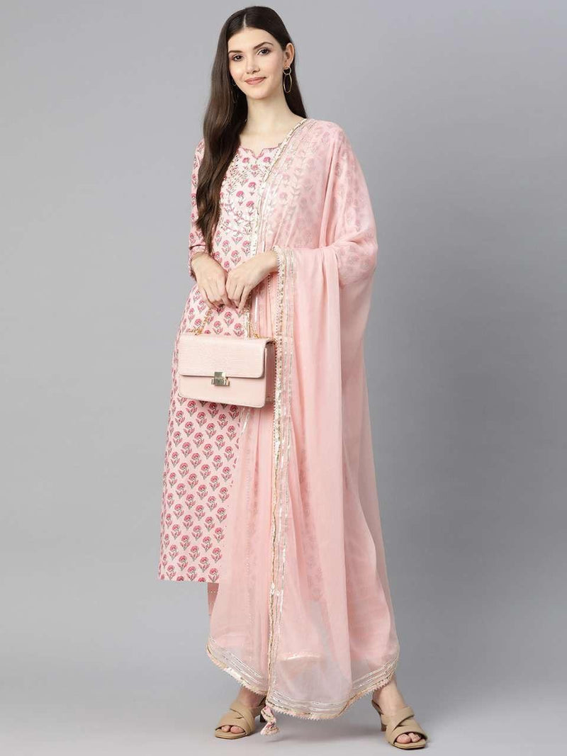 Pink Jaipur Cotton Straight Kurta Pant and Dupatta Set with Gota Patti and Thread Work