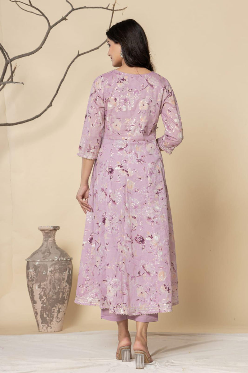 Purple Printed Cotton Kurta Pant and Dupatta Set
